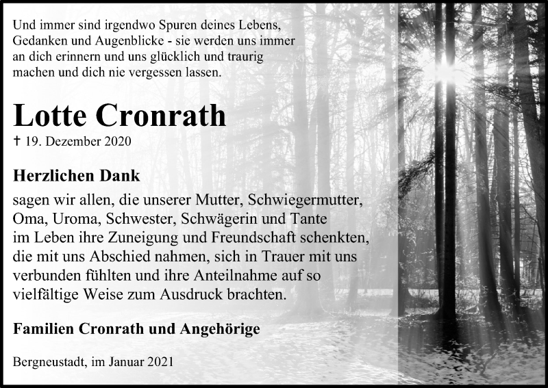  Traueranzeige für Lotte Cronrath vom 30.01.2021 aus Kölner Stadt-Anzeiger / Kölnische Rundschau / Express