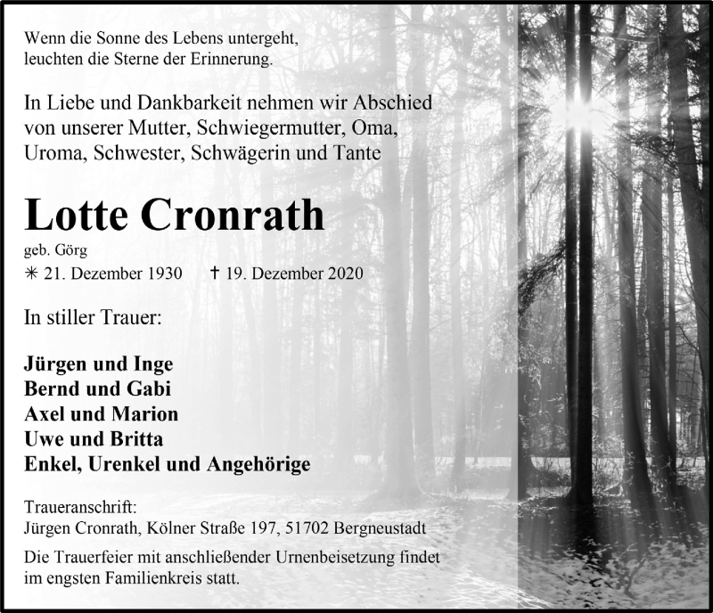  Traueranzeige für Lotte Cronrath vom 02.01.2021 aus  Anzeigen Echo 