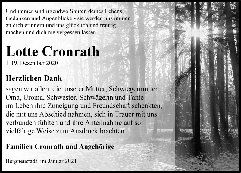  Traueranzeige für Lotte Cronrath vom 29.01.2021 aus  Anzeigen Echo 