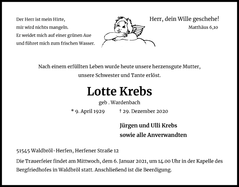  Traueranzeige für Lotte Krebs vom 02.01.2021 aus Kölner Stadt-Anzeiger / Kölnische Rundschau / Express