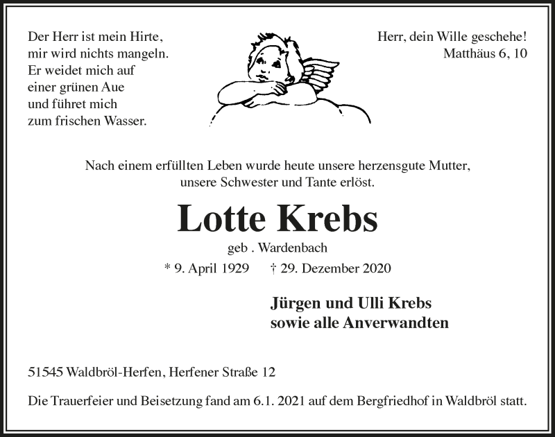  Traueranzeige für Lotte Krebs vom 15.01.2021 aus  Lokalanzeiger 