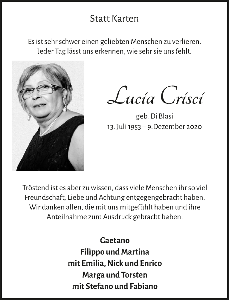  Traueranzeige für Lucia Crisci vom 15.01.2021 aus  Lokalanzeiger 