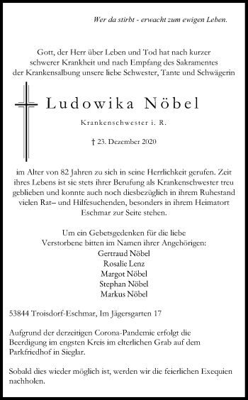 Anzeige von Ludowika Nöbel von Kölner Stadt-Anzeiger / Kölnische Rundschau / Express