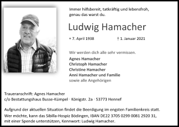 Anzeige von Ludwig Hamacher von Kölner Stadt-Anzeiger / Kölnische Rundschau / Express