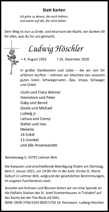 Anzeige von Ludwig Höschler von Kölner Stadt-Anzeiger / Kölnische Rundschau / Express