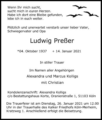 Anzeige von Ludwig Preßer von Kölner Stadt-Anzeiger / Kölnische Rundschau / Express