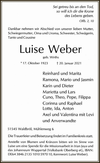 Anzeige von Luise Weber von  Lokalanzeiger 