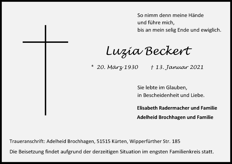  Traueranzeige für Luzia Beckert vom 20.01.2021 aus Kölner Stadt-Anzeiger / Kölnische Rundschau / Express