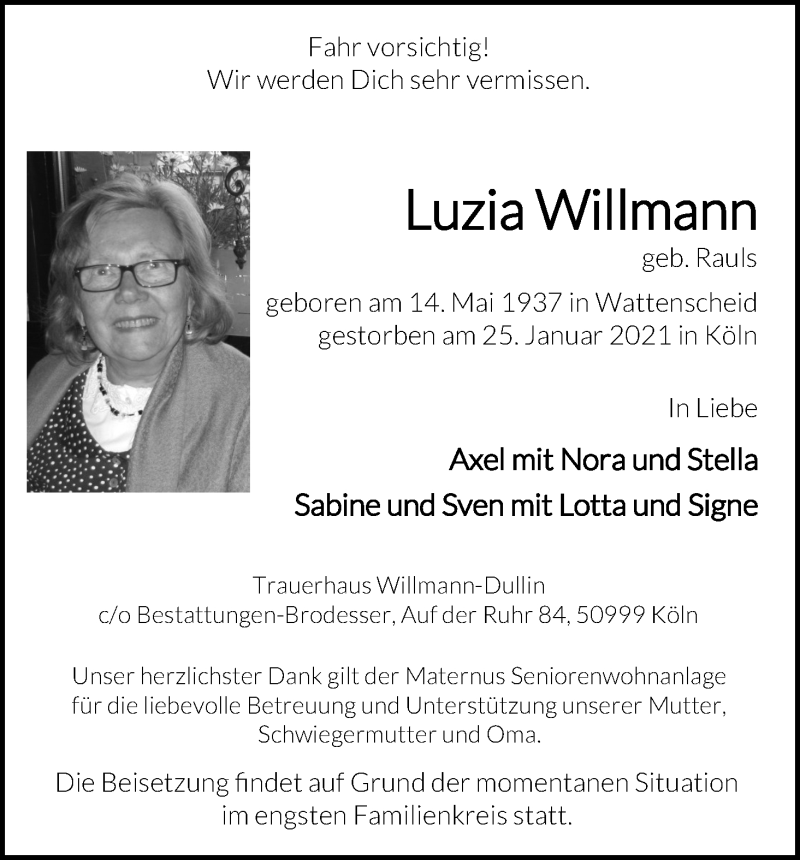  Traueranzeige für Luzia Willmann vom 30.01.2021 aus Kölner Stadt-Anzeiger / Kölnische Rundschau / Express