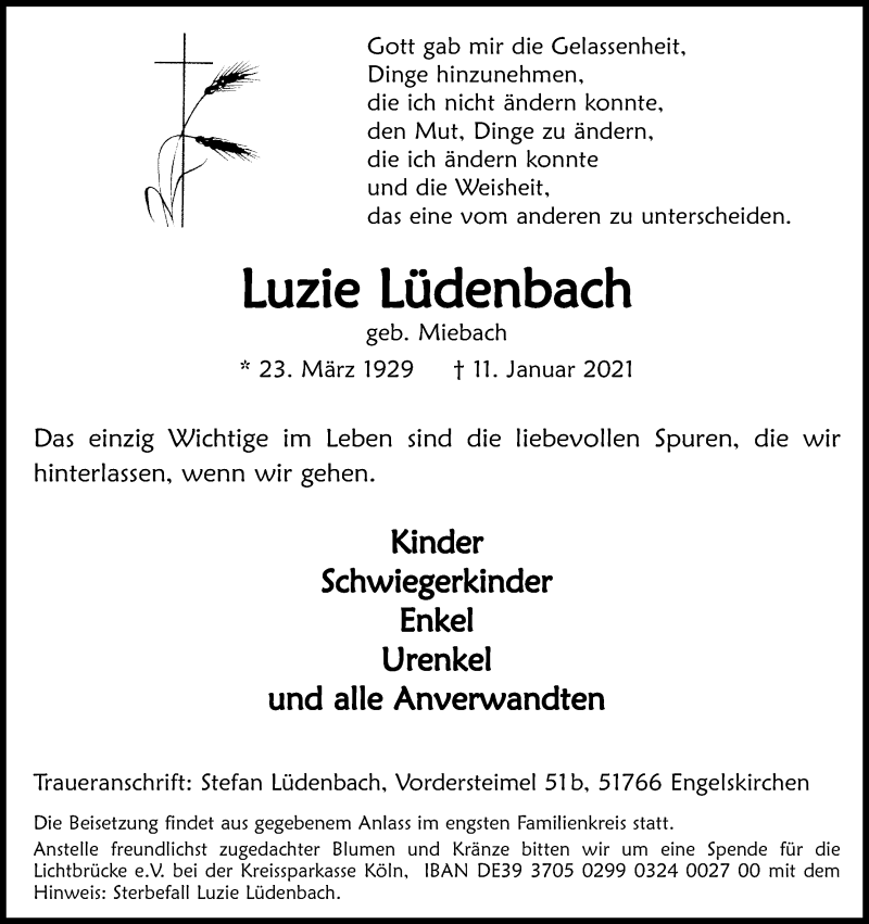  Traueranzeige für Luzie Lüdenbach vom 16.01.2021 aus Kölner Stadt-Anzeiger / Kölnische Rundschau / Express