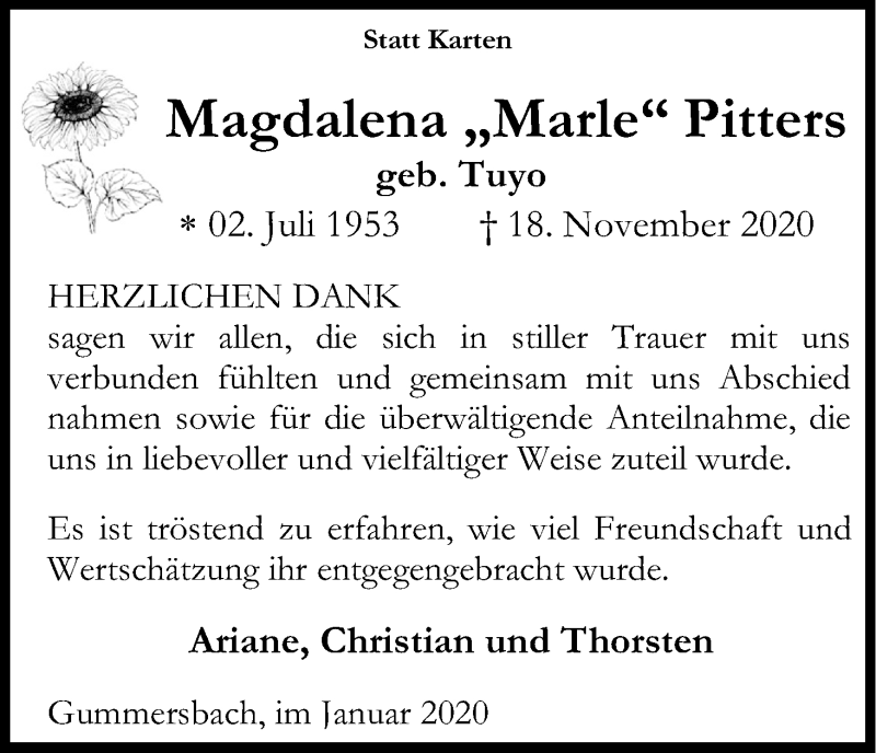  Traueranzeige für Magdalena  Pitters vom 02.01.2021 aus Kölner Stadt-Anzeiger / Kölnische Rundschau / Express