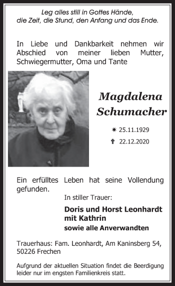 Anzeige von Magdalena Schumacher von  Wochenende 