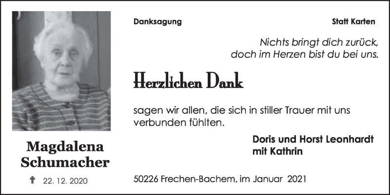  Traueranzeige für Magdalena Schumacher vom 22.01.2021 aus  Wochenende 
