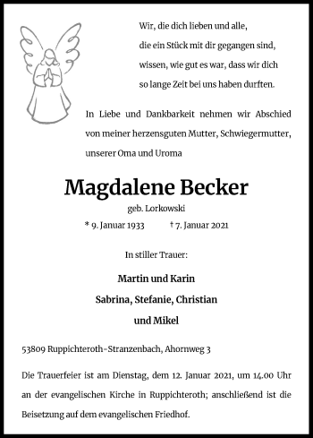 Anzeige von Magdalene Becker von Kölner Stadt-Anzeiger / Kölnische Rundschau / Express