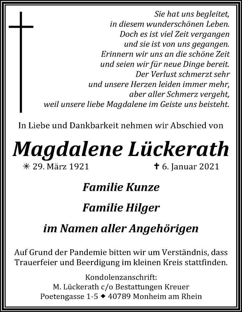  Traueranzeige für Magdalene Lückerath vom 09.01.2021 aus Kölner Stadt-Anzeiger / Kölnische Rundschau / Express