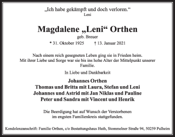 Anzeige von Magdalene Orthen von  Wochenende 