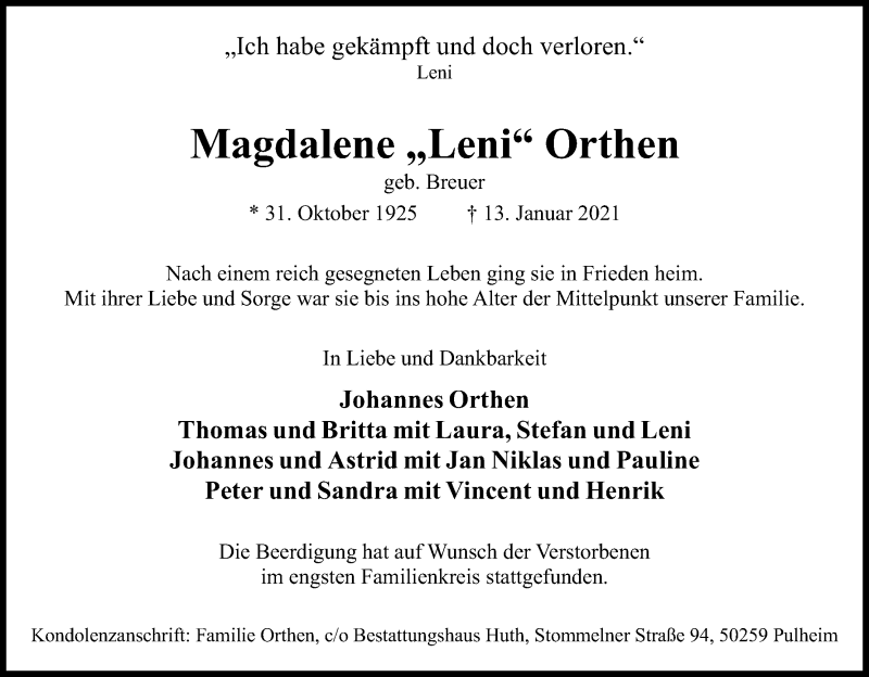  Traueranzeige für Magdalene Orthen vom 30.01.2021 aus Kölner Stadt-Anzeiger / Kölnische Rundschau / Express