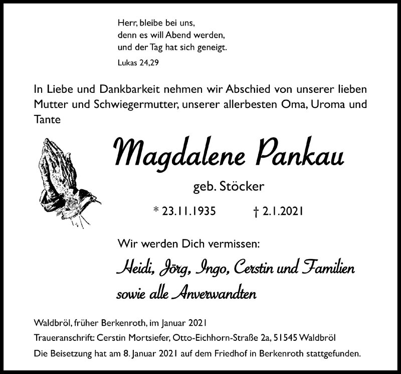  Traueranzeige für Magdalene Pankau vom 08.01.2021 aus  Lokalanzeiger 