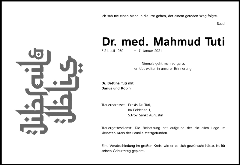  Traueranzeige für Mahmud Tuti vom 23.01.2021 aus Kölner Stadt-Anzeiger / Kölnische Rundschau / Express
