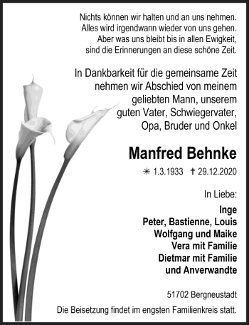 Anzeige von Manfred Behnke von  Anzeigen Echo 