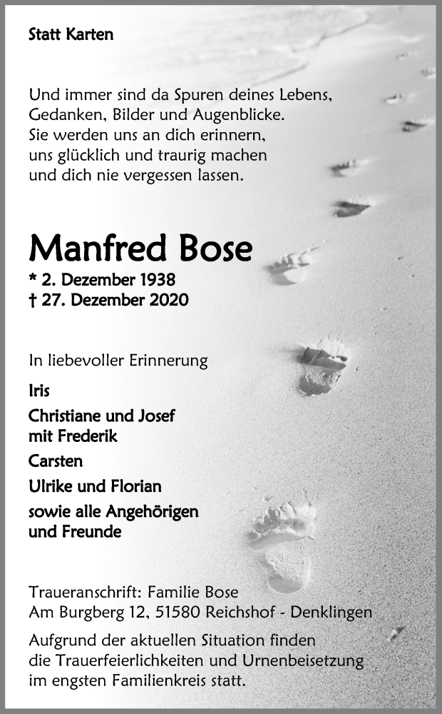  Traueranzeige für Manfred Bose vom 02.01.2021 aus Kölner Stadt-Anzeiger / Kölnische Rundschau / Express