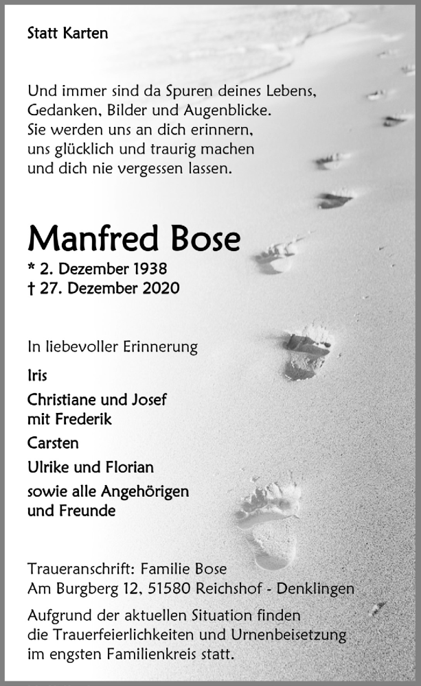  Traueranzeige für Manfred Bose vom 02.01.2021 aus  Lokalanzeiger 