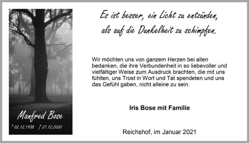  Traueranzeige für Manfred Bose vom 29.01.2021 aus  Lokalanzeiger 