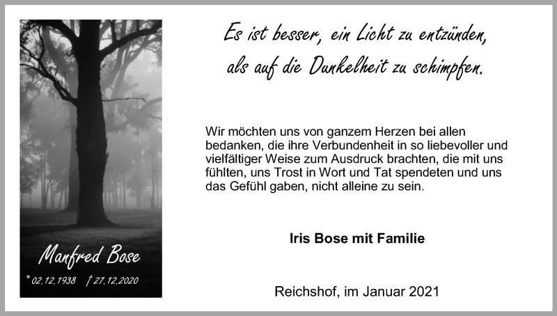  Traueranzeige für Manfred Bose vom 30.01.2021 aus Kölner Stadt-Anzeiger / Kölnische Rundschau / Express