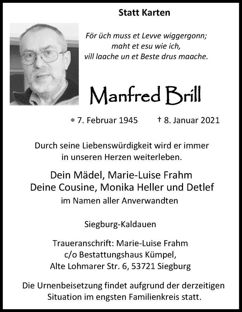  Traueranzeige für Manfred Brill vom 16.01.2021 aus Kölner Stadt-Anzeiger / Kölnische Rundschau / Express