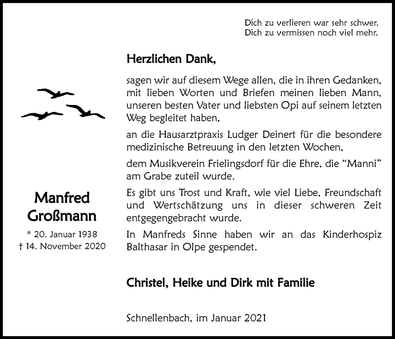  Traueranzeige für Manfred Großmann vom 15.01.2021 aus  Anzeigen Echo 