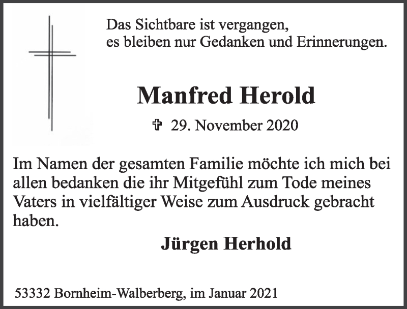  Traueranzeige für Manfred Herold vom 22.01.2021 aus  Schlossbote/Werbekurier 