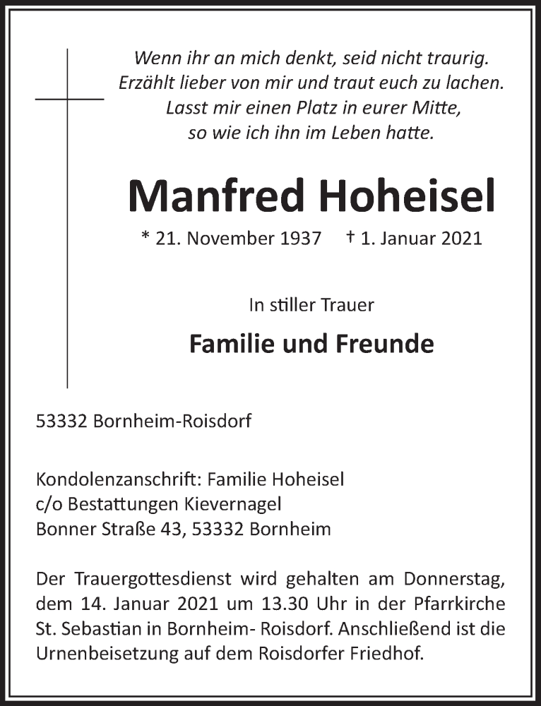  Traueranzeige für Manfred Hoheisel vom 08.01.2021 aus  Schaufenster/Blickpunkt 