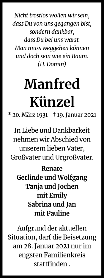 Anzeige von Manfred KÃ¼nzel von Kölner Stadt-Anzeiger / Kölnische Rundschau / Express