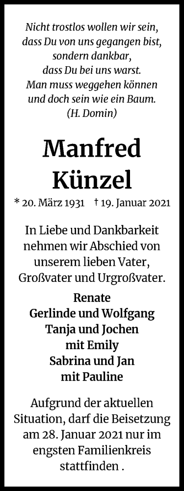  Traueranzeige für Manfred KÃ¼nzel vom 25.01.2021 aus Kölner Stadt-Anzeiger / Kölnische Rundschau / Express