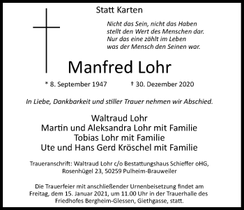 Anzeige von Manfred Lohr von Kölner Stadt-Anzeiger / Kölnische Rundschau / Express