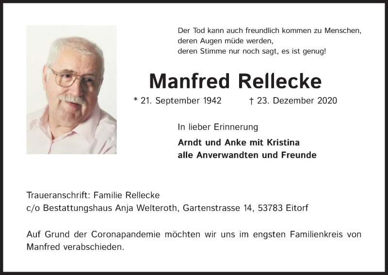  Traueranzeige für Manfred Rellecke vom 09.01.2021 aus Kölner Stadt-Anzeiger / Kölnische Rundschau / Express