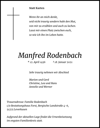 Anzeige von Manfred Rodenbach von Kölner Stadt-Anzeiger / Kölnische Rundschau / Express