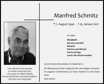 Anzeige von Manfred Schmitz von Kölner Stadt-Anzeiger / Kölnische Rundschau / Express