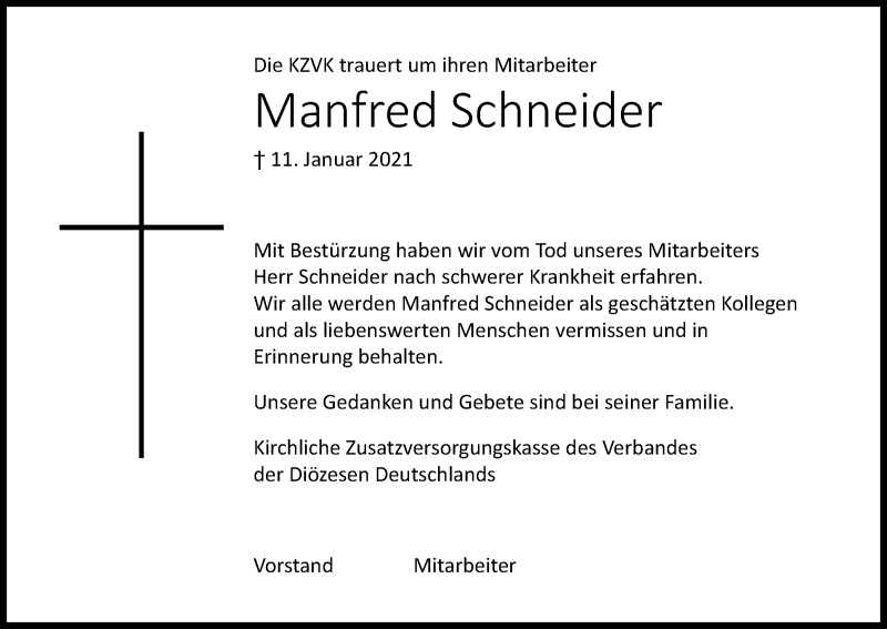  Traueranzeige für Manfred Schneider vom 30.01.2021 aus Kölner Stadt-Anzeiger / Kölnische Rundschau / Express