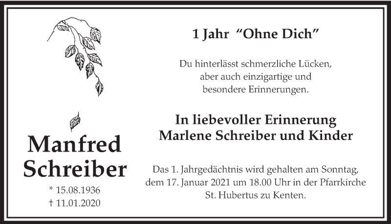  Traueranzeige für Manfred Schreiber vom 15.01.2021 aus  Werbepost 