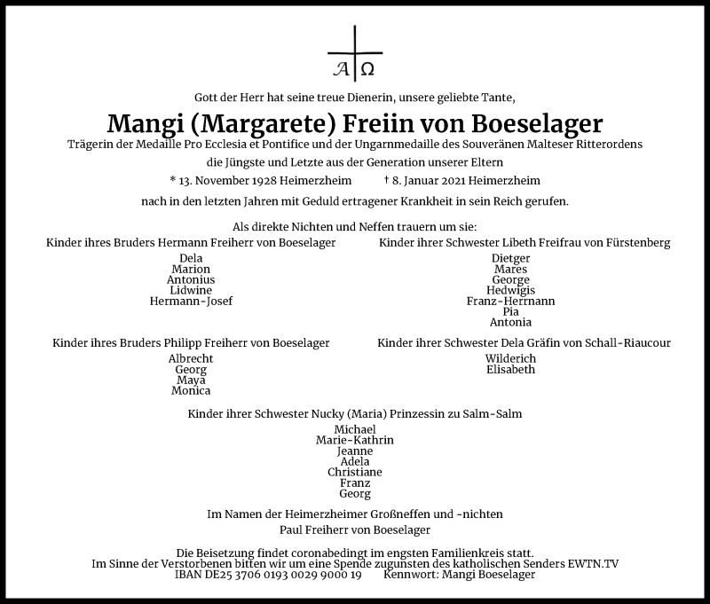  Traueranzeige für Mangi  Freiin von Boeselager vom 13.01.2021 aus Kölner Stadt-Anzeiger / Kölnische Rundschau / Express