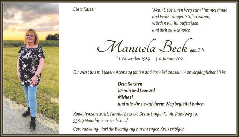  Traueranzeige für Manuela Beck vom 08.01.2021 aus  Extra Blatt 
