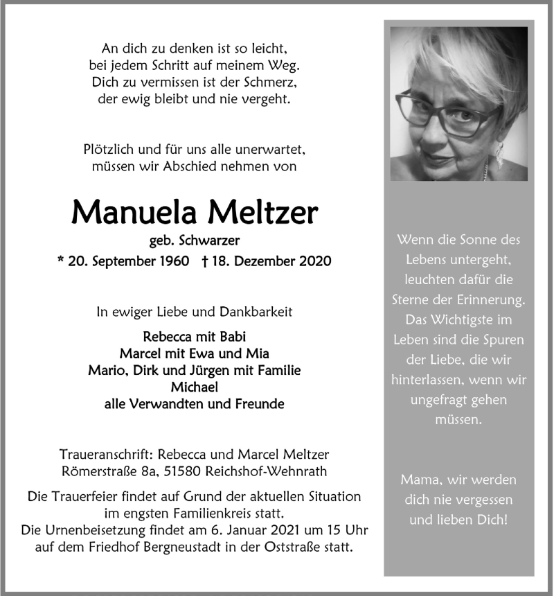  Traueranzeige für Manuela Meltzer vom 02.01.2021 aus  Anzeigen Echo 