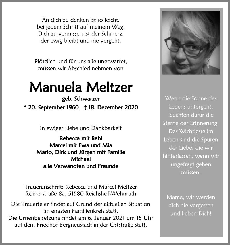  Traueranzeige für Manuela Meltzer vom 02.01.2021 aus Kölner Stadt-Anzeiger / Kölnische Rundschau / Express