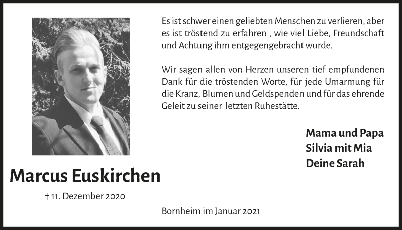  Traueranzeige für Marcus Euskirchen vom 08.01.2021 aus  Schaufenster/Blickpunkt 