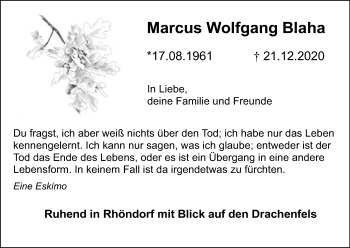 Anzeige von Marcus Wolfgang Blaha von Kölner Stadt-Anzeiger / Kölnische Rundschau / Express