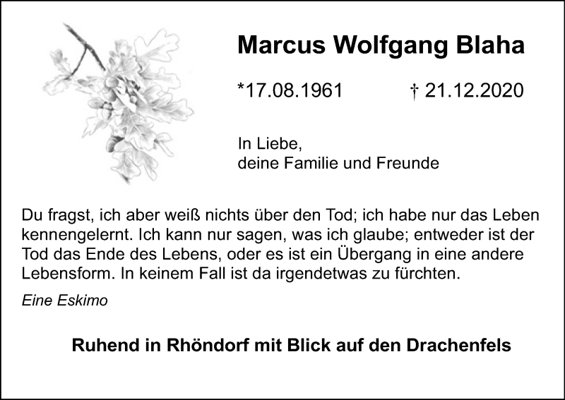  Traueranzeige für Marcus Wolfgang Blaha vom 02.01.2021 aus Kölner Stadt-Anzeiger / Kölnische Rundschau / Express