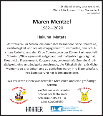 Anzeige von Maren Mentzel von Kölner Stadt-Anzeiger / Kölnische Rundschau / Express
