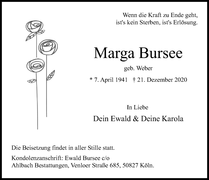  Traueranzeige für Marga Bursee vom 02.01.2021 aus Kölner Stadt-Anzeiger / Kölnische Rundschau / Express