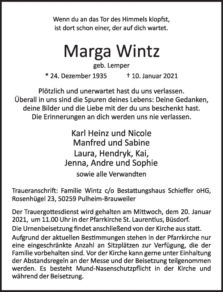  Traueranzeige für Marga Wintz vom 15.01.2021 aus  Werbepost 